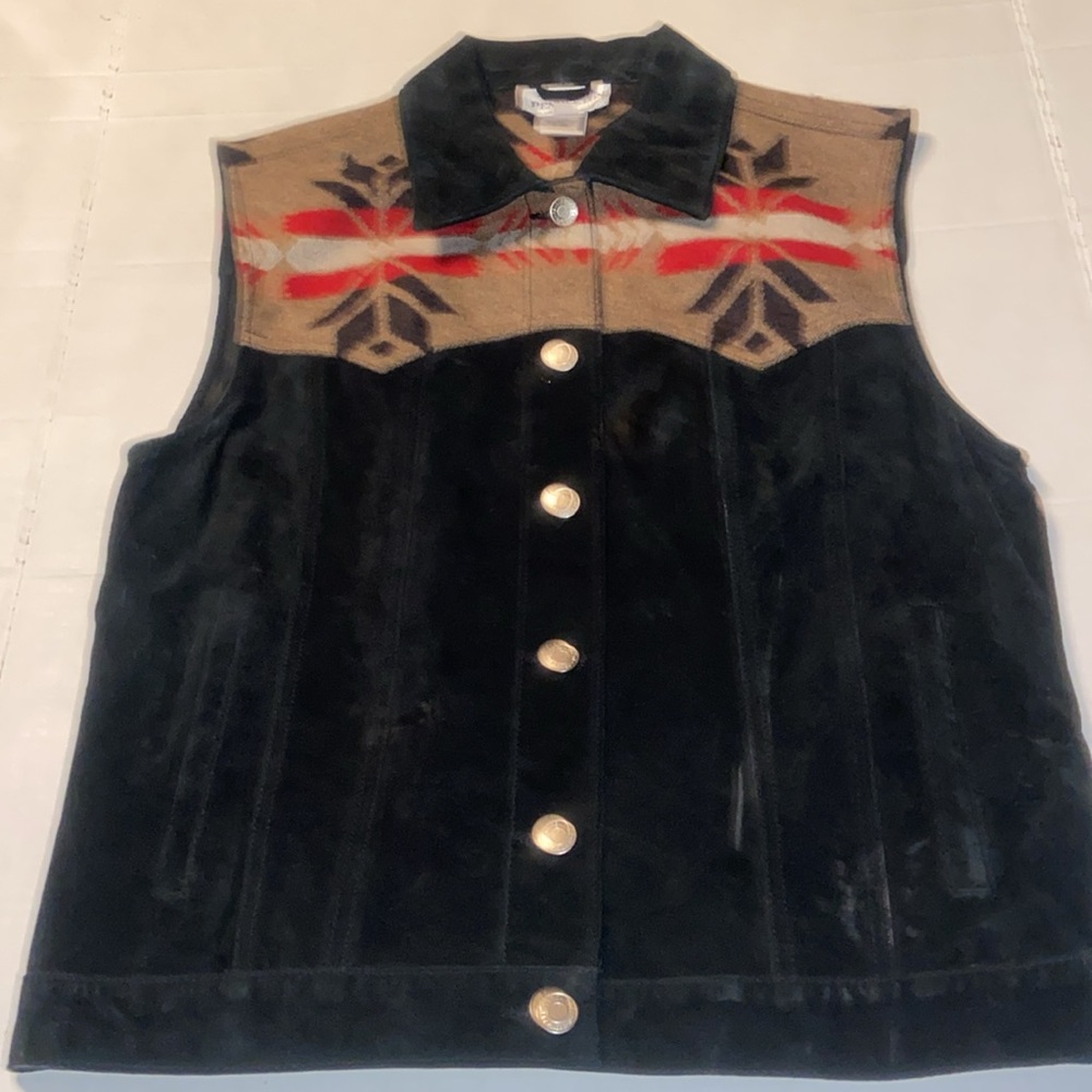 Pendleton Black Suede Vest with Tan and Red Navajo Yoke